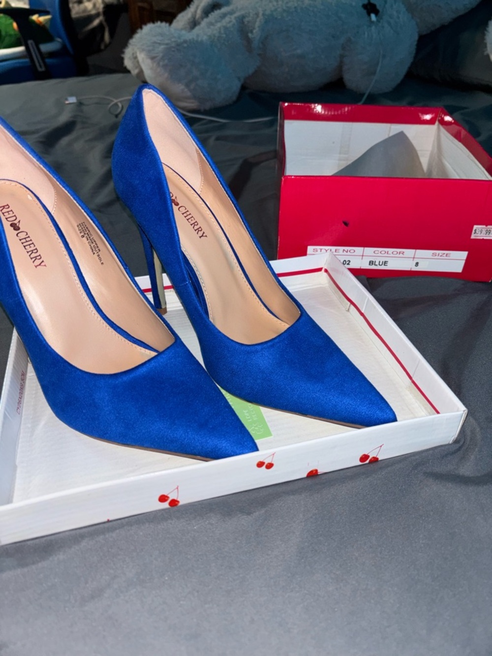 Red Cherry Royal Blue Pointed Toe Stiletto Heels